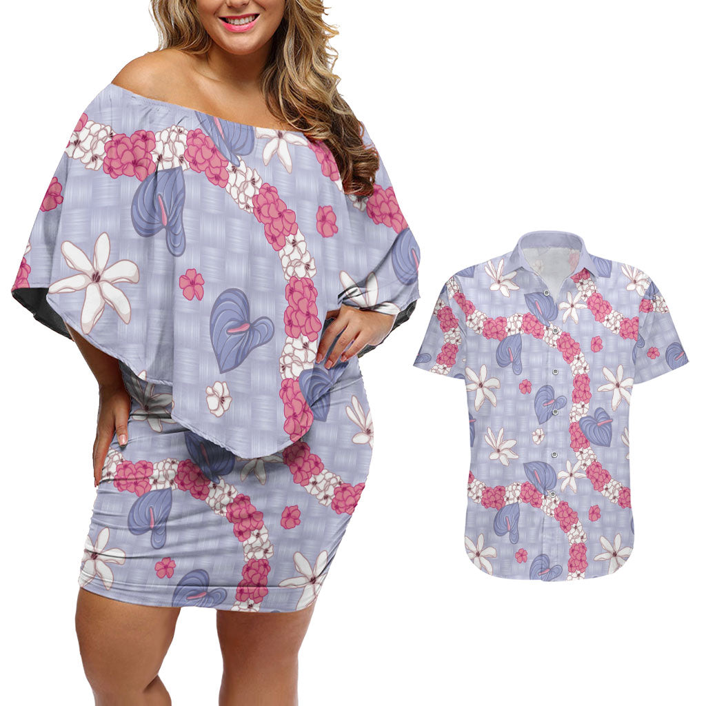 Hawaii Anthurium Tiare Pikake Lei Couples Matching Off Shoulder Short Dress and Hawaiian Shirt Poni Lauhala Art Pattern