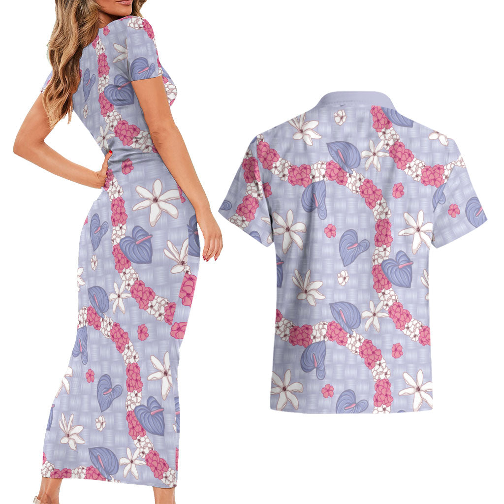 Hawaii Anthurium Tiare Pikake Lei Couples Matching Short Sleeve Bodycon Dress and Hawaiian Shirt Poni Lauhala Art Pattern