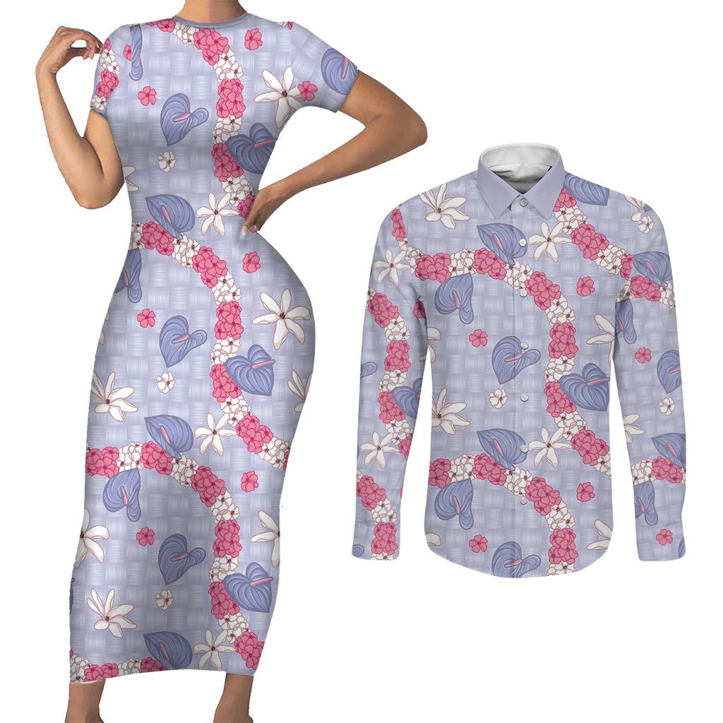 Hawaii Anthurium Tiare Pikake Lei Couples Matching Short Sleeve Bodycon Dress and Long Sleeve Button Shirt Poni Lauhala Art Pattern
