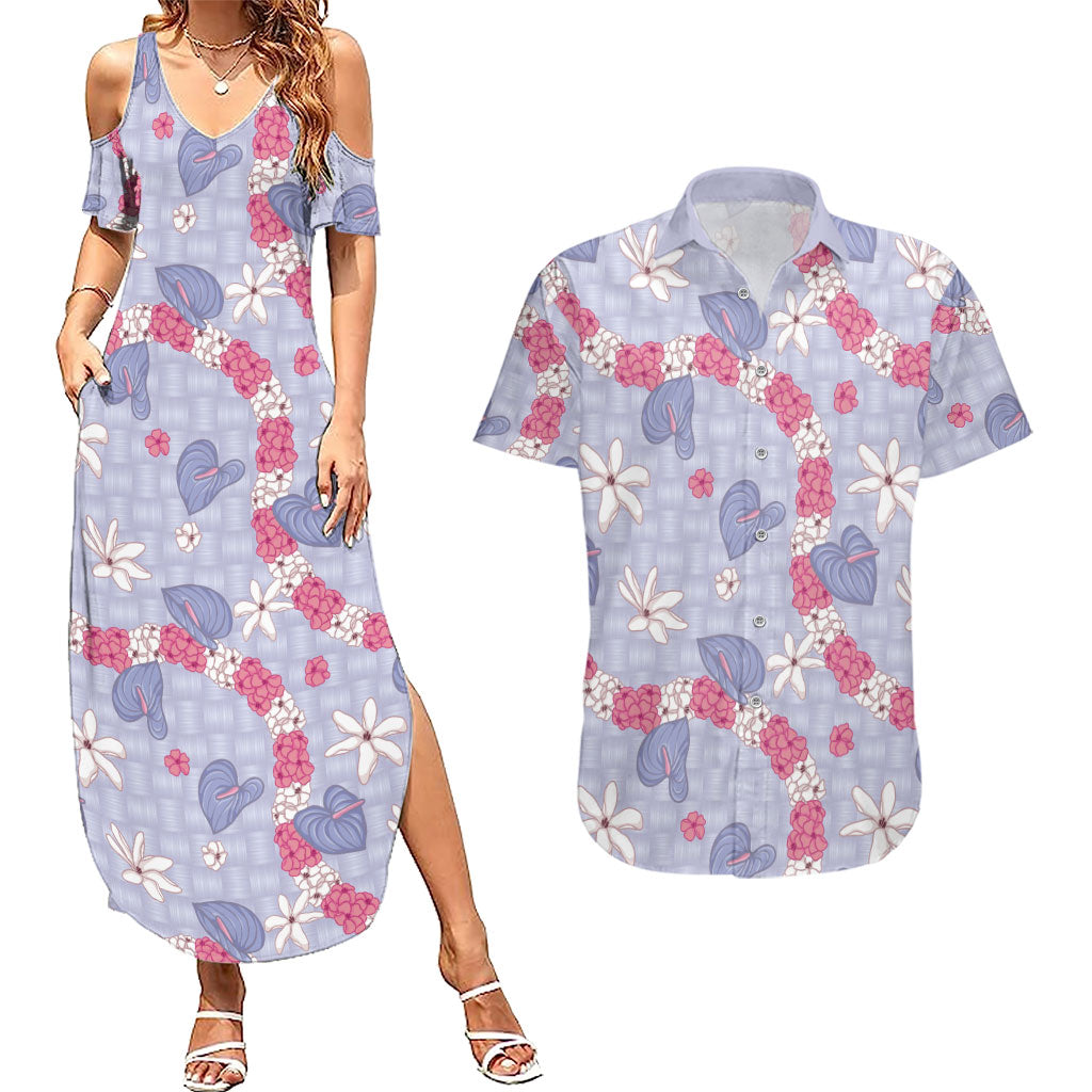 Hawaii Anthurium Tiare Pikake Lei Couples Matching Summer Maxi Dress and Hawaiian Shirt Poni Lauhala Art Pattern