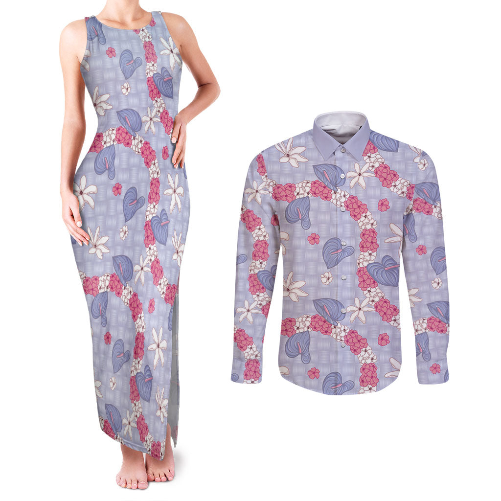 Hawaii Anthurium Tiare Pikake Lei Couples Matching Tank Maxi Dress and Long Sleeve Button Shirt Poni Lauhala Art Pattern