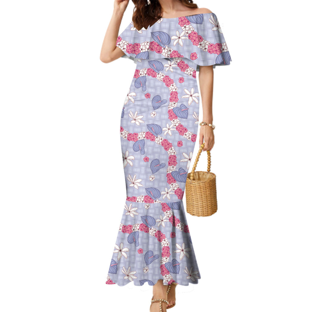 Hawaii Anthurium Tiare Pikake Lei Family Matching Mermaid Dress and Hawaiian Shirt Poni Lauhala Art Pattern LT01 Mom's Dress Purple - Polynesian Pride