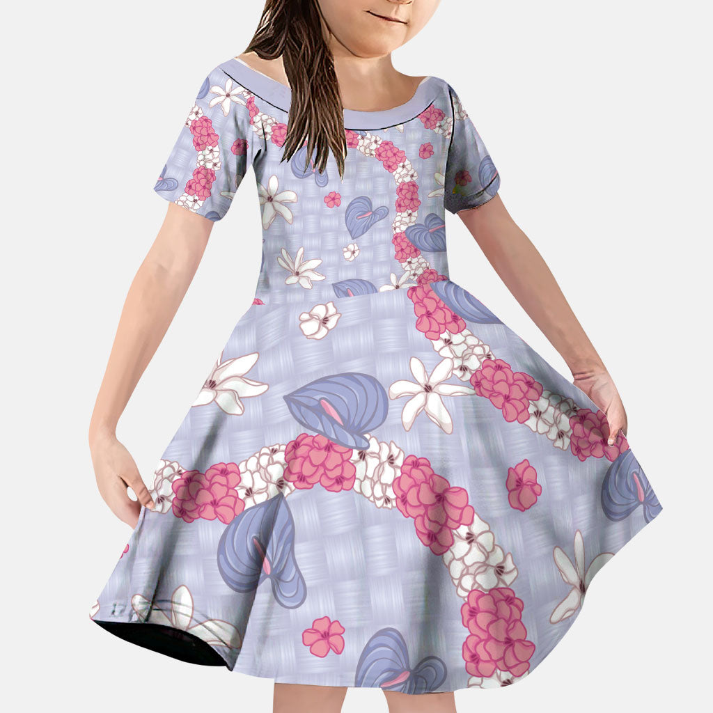 Hawaii Anthurium Tiare Pikake Lei Family Matching Off The Shoulder Long Sleeve Dress and Hawaiian Shirt Poni Lauhala Art Pattern LT01 Daughter's Dress Purple - Polynesian Pride