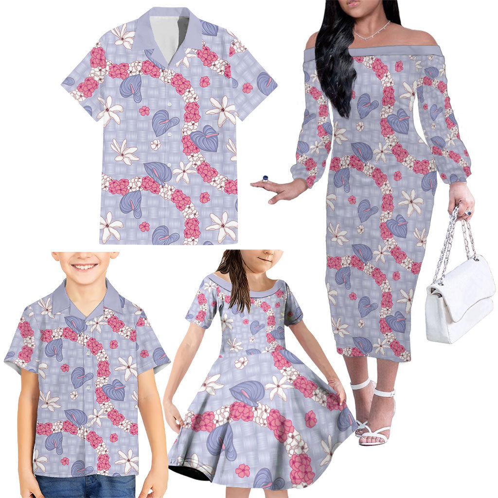 Hawaii Anthurium Tiare Pikake Lei Family Matching Off The Shoulder Long Sleeve Dress and Hawaiian Shirt Poni Lauhala Art Pattern LT01 - Polynesian Pride