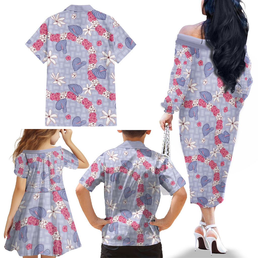 Hawaii Anthurium Tiare Pikake Lei Family Matching Off The Shoulder Long Sleeve Dress and Hawaiian Shirt Poni Lauhala Art Pattern LT01 - Polynesian Pride