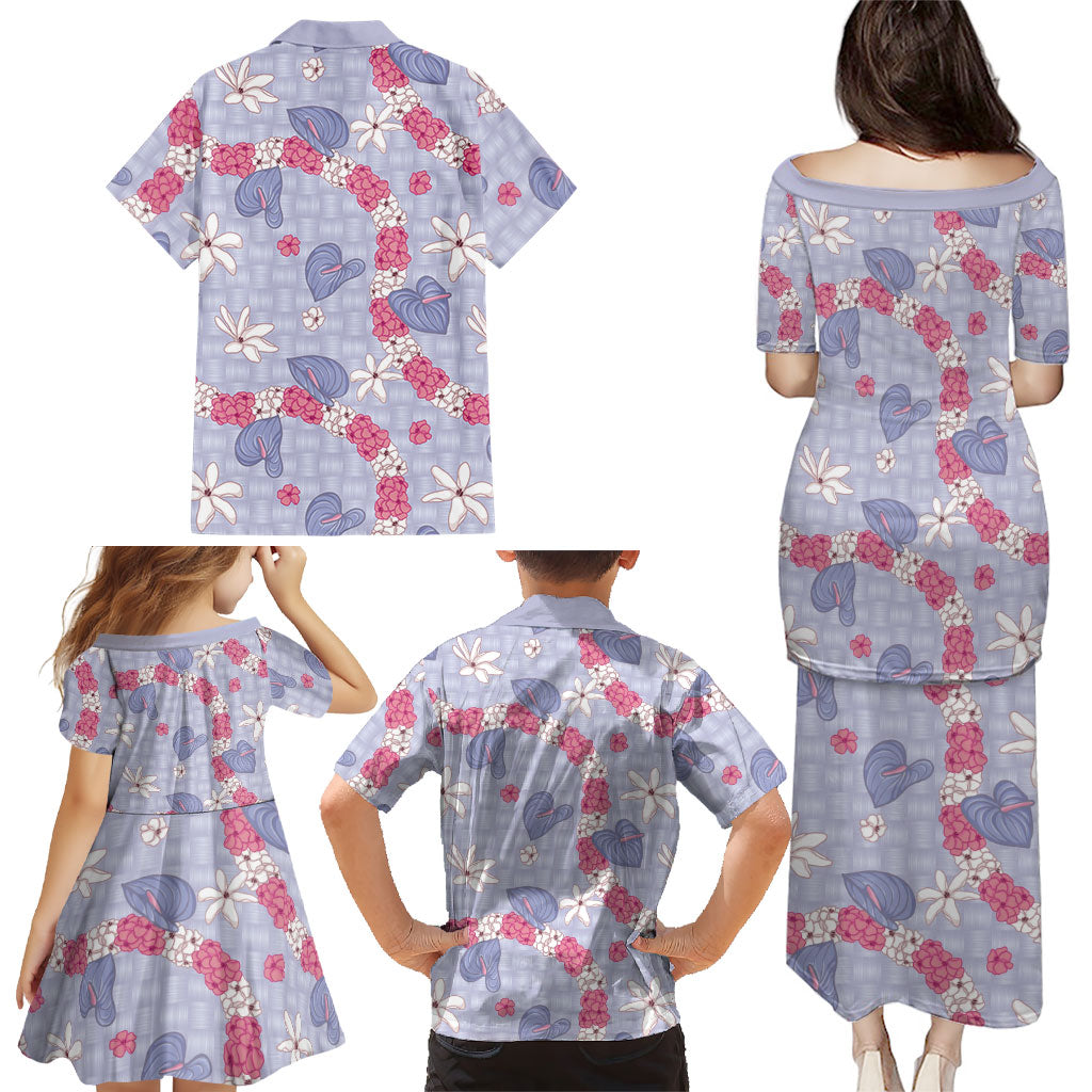 Hawaii Anthurium Tiare Pikake Lei Family Matching Puletasi and Hawaiian Shirt Poni Lauhala Art Pattern