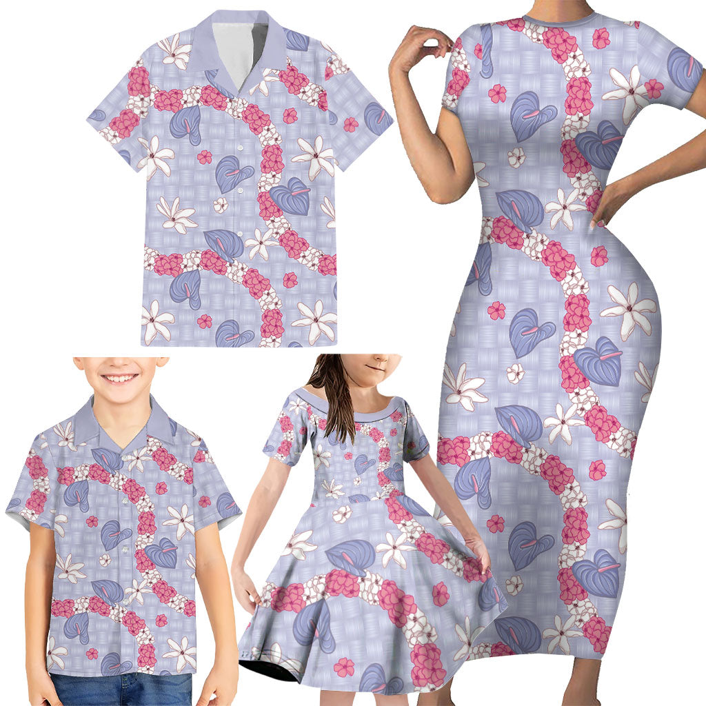 Hawaii Anthurium Tiare Pikake Lei Family Matching Short Sleeve Bodycon Dress and Hawaiian Shirt Poni Lauhala Art Pattern