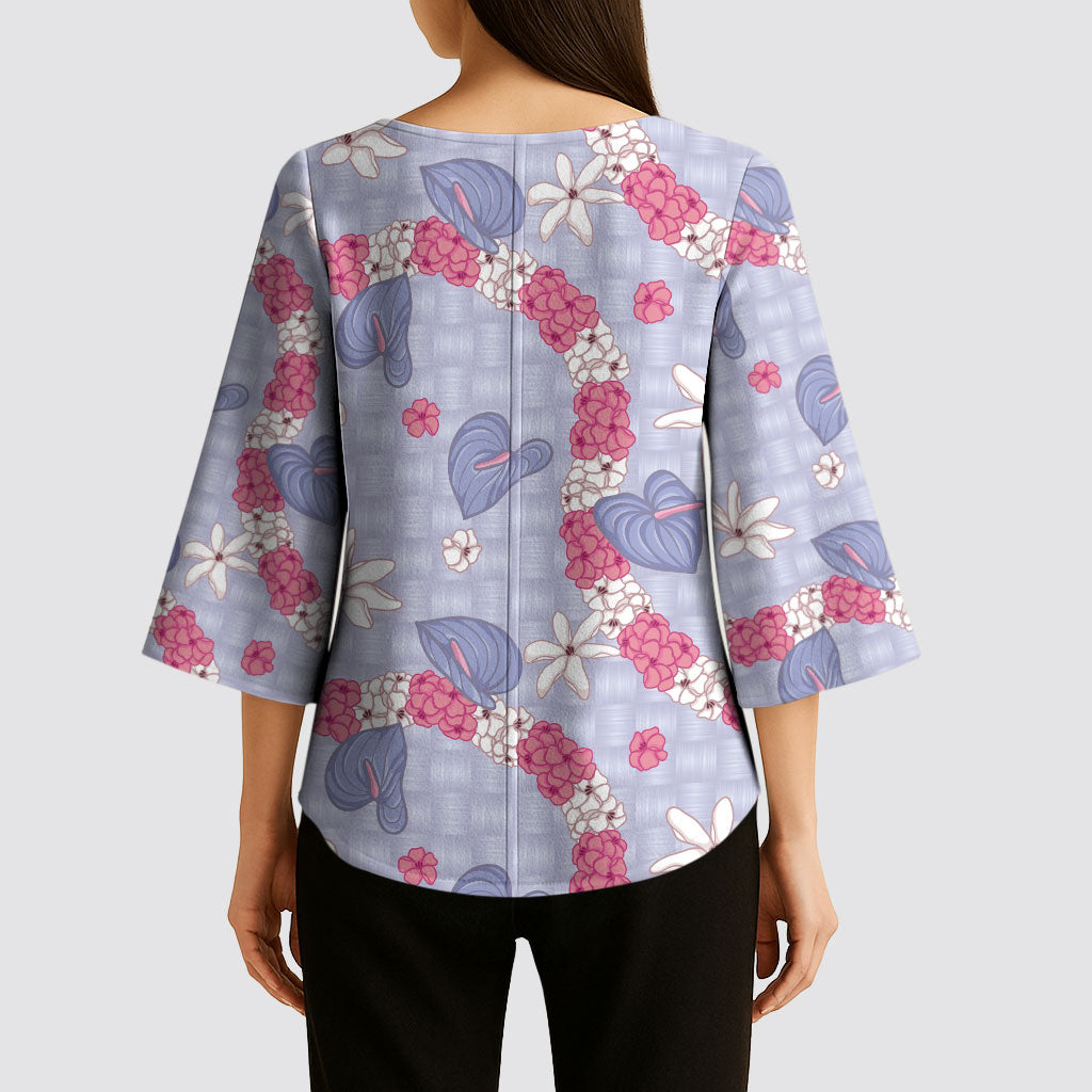 Hawaii Anthurium Tiare Pikake Lei Kimono Sleeve Blouse Poni Lauhala Art Pattern