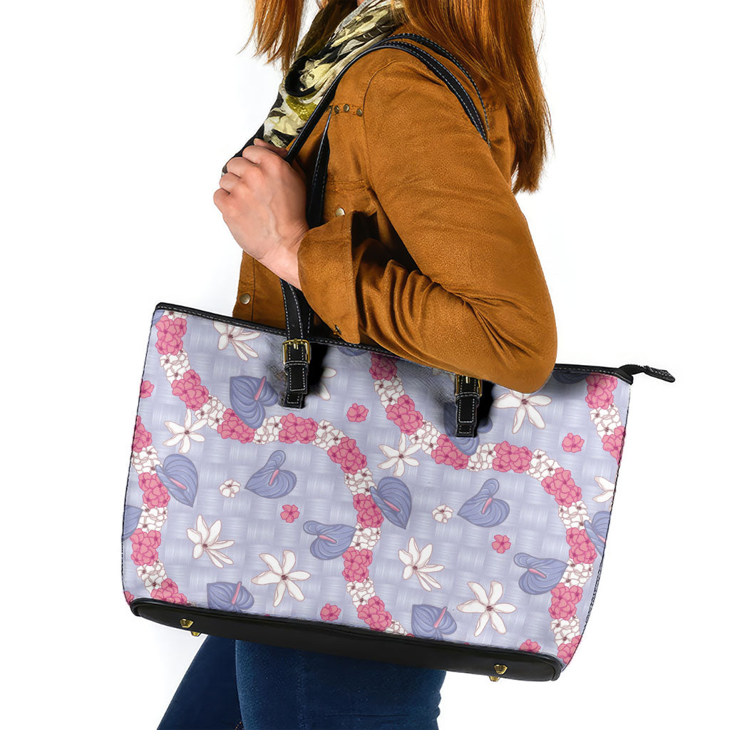 Hawaii Anthurium Tiare Pikake Lei Leather Tote Bag Poni Lauhala Art Pattern