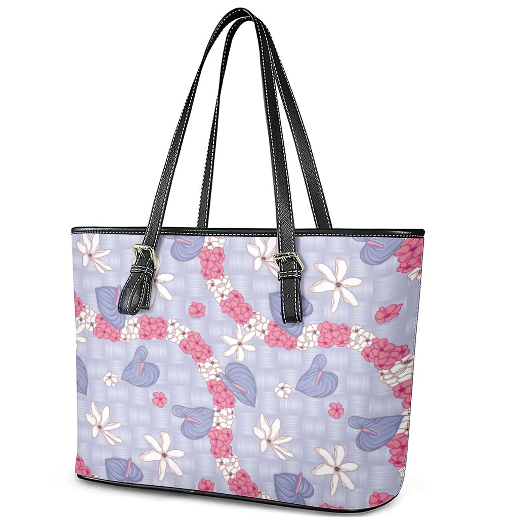 Hawaii Anthurium Tiare Pikake Lei Leather Tote Bag Poni Lauhala Art Pattern