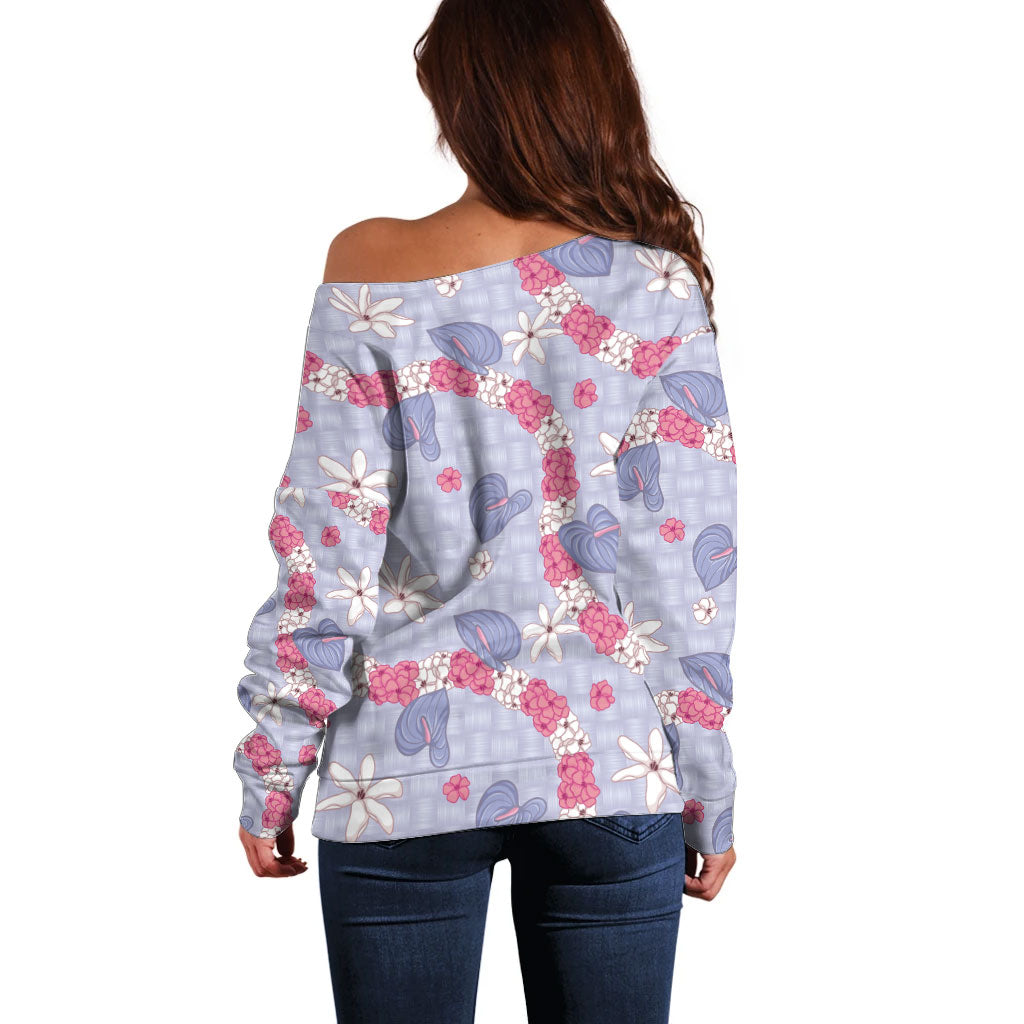 Hawaii Anthurium Tiare Pikake Lei Off Shoulder Sweater Poni Lauhala Art Pattern