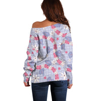 Hawaii Anthurium Tiare Pikake Lei Off Shoulder Sweater Poni Lauhala Art Pattern