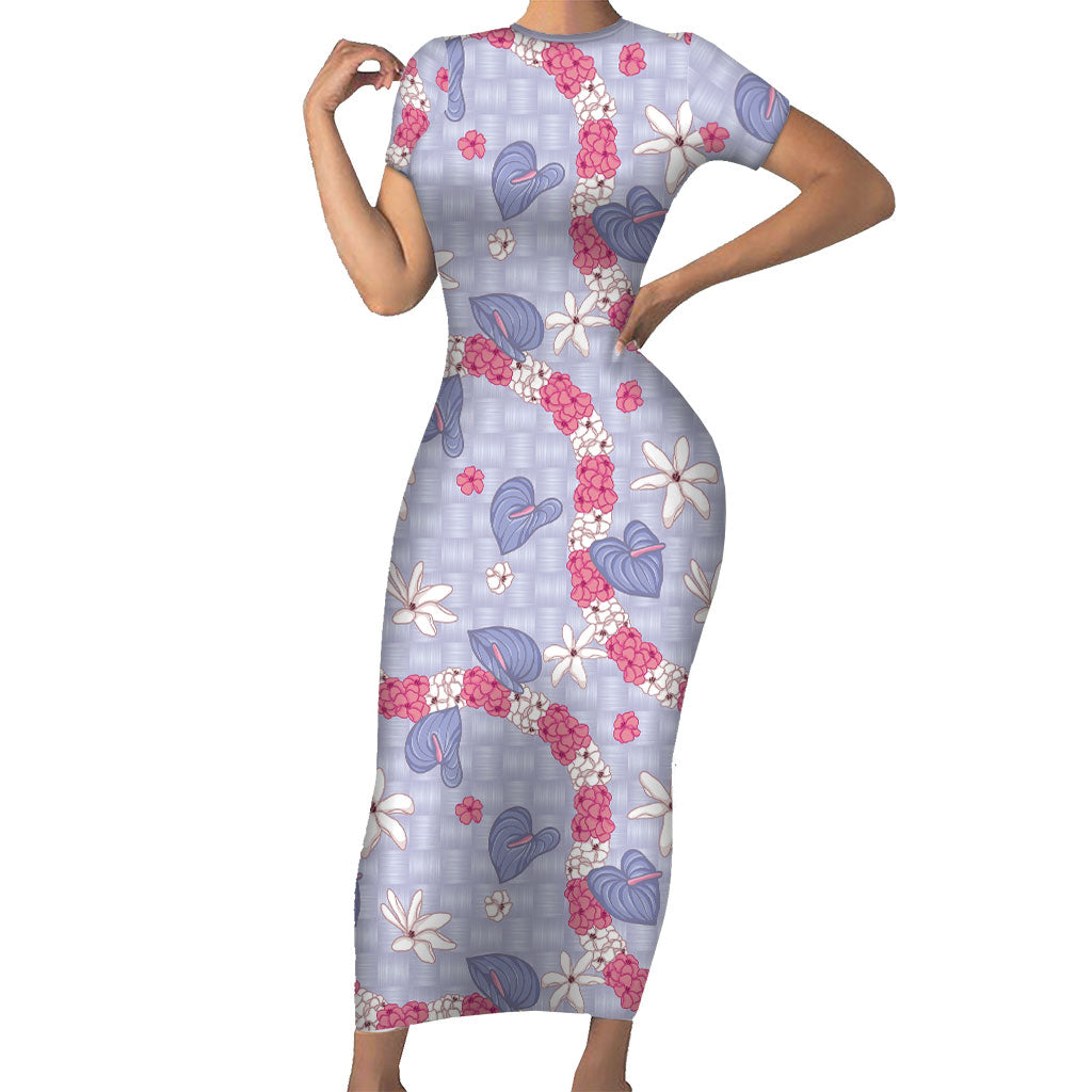 Hawaii Anthurium Tiare Pikake Lei Short Sleeve Bodycon Dress Poni Lauhala Art Pattern