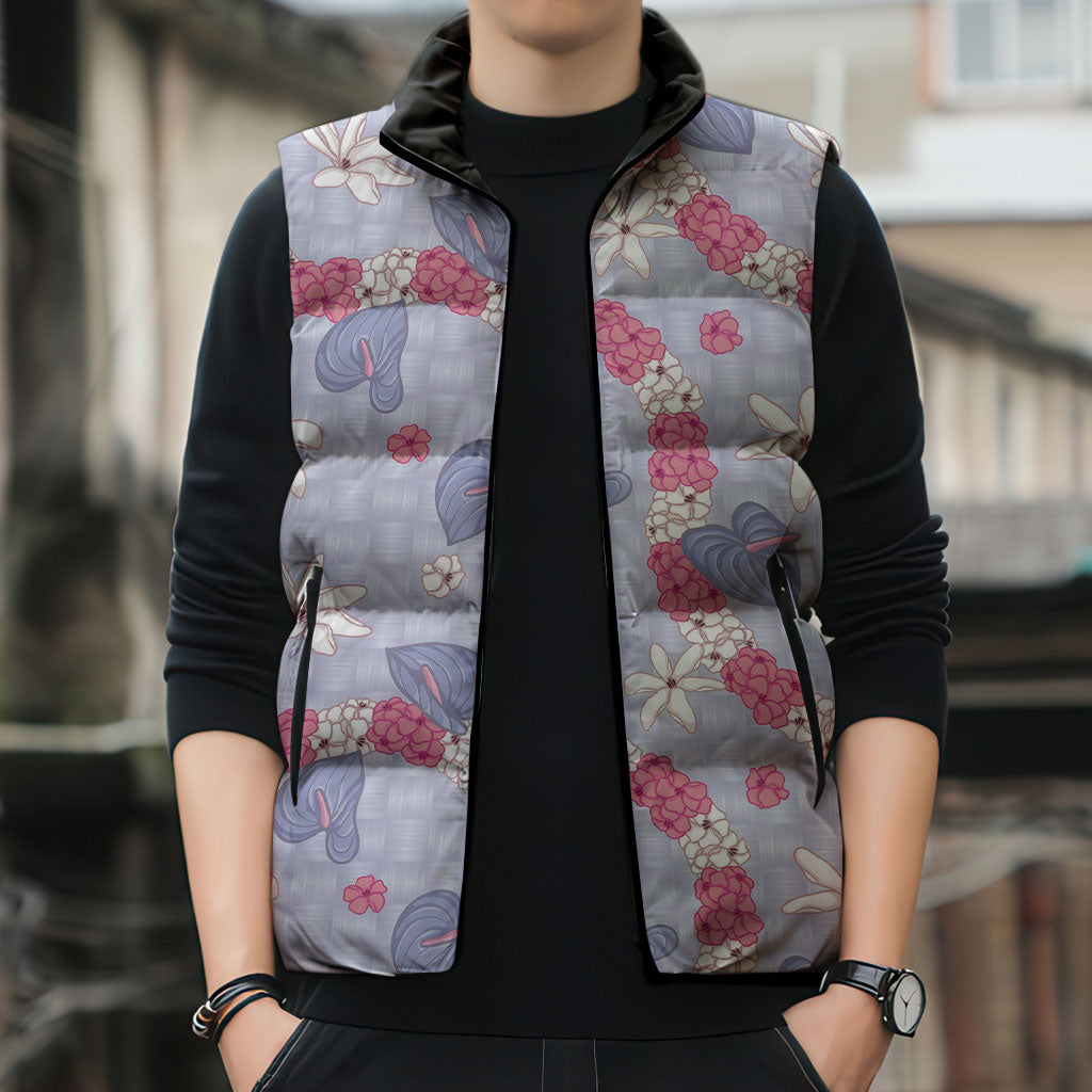 Hawaii Anthurium Tiare Pikake Lei Sleeveless Puffer Jacket Poni Lauhala Art Pattern