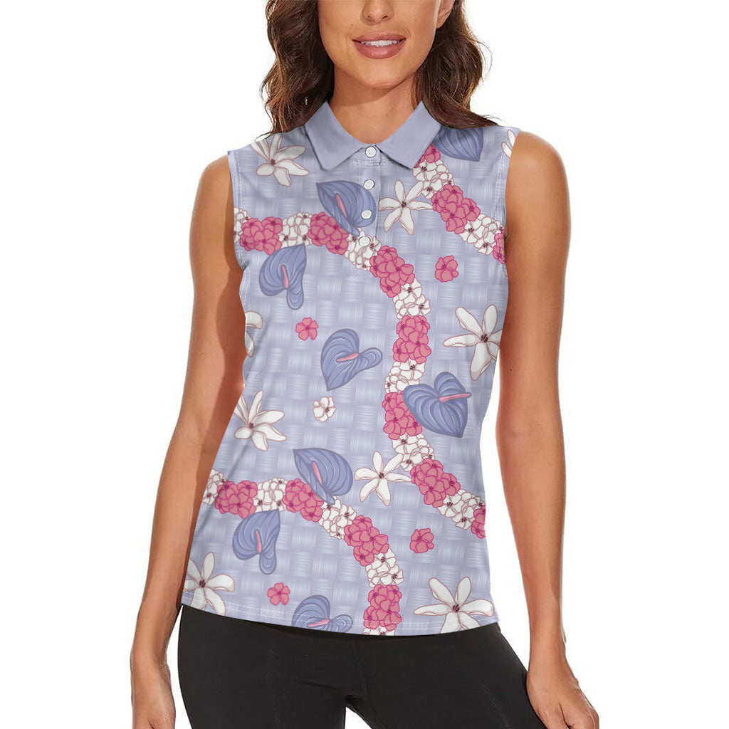Hawaii Anthurium Tiare Pikake Lei Women Sleeveless Polo Shirt Poni Lauhala Art Pattern