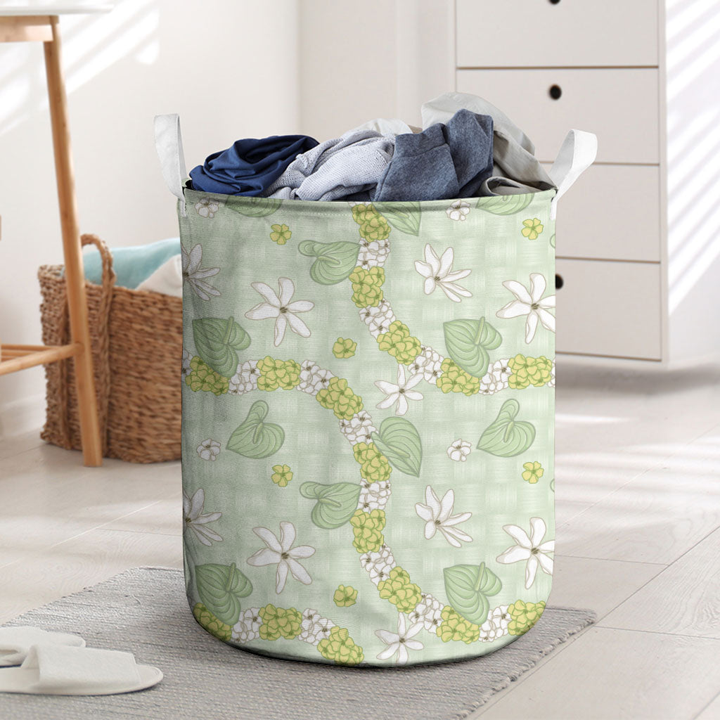 Hawaii Anthurium Tiare Pikake Lei Laundry Basket Sage Green Lauhala Art Pattern