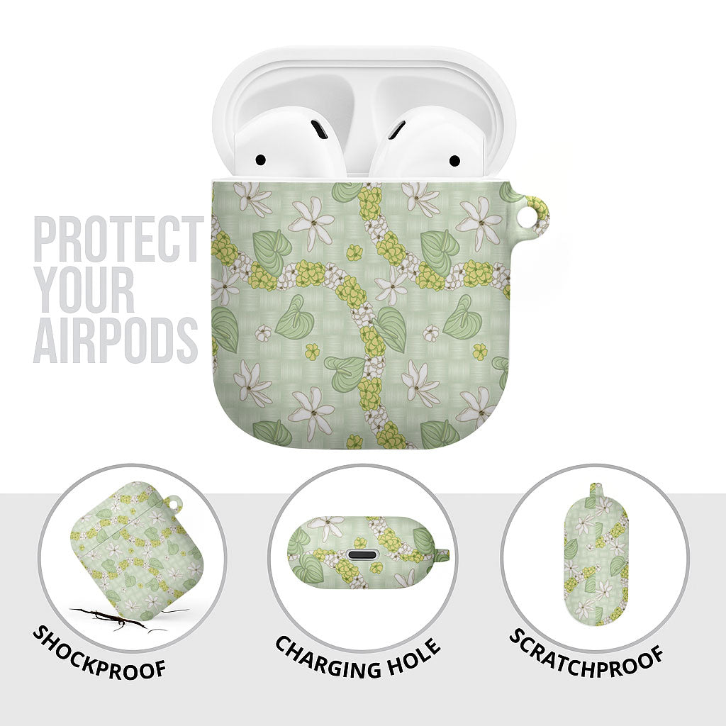Hawaii Anthurium Tiare Pikake Lei AirPods Case Sage Green Lauhala Art Pattern