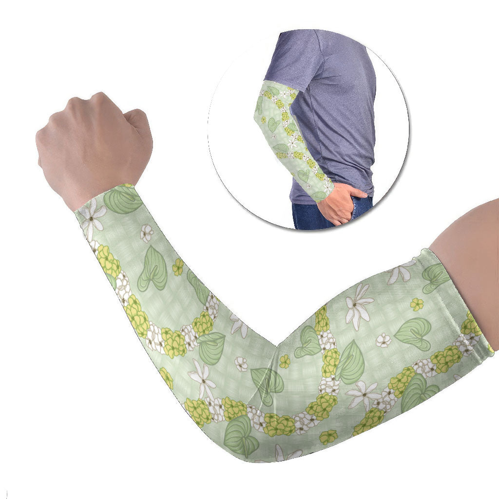 Hawaii Anthurium Tiare Pikake Lei Arm Sleeves Sage Green Lauhala Art Pattern