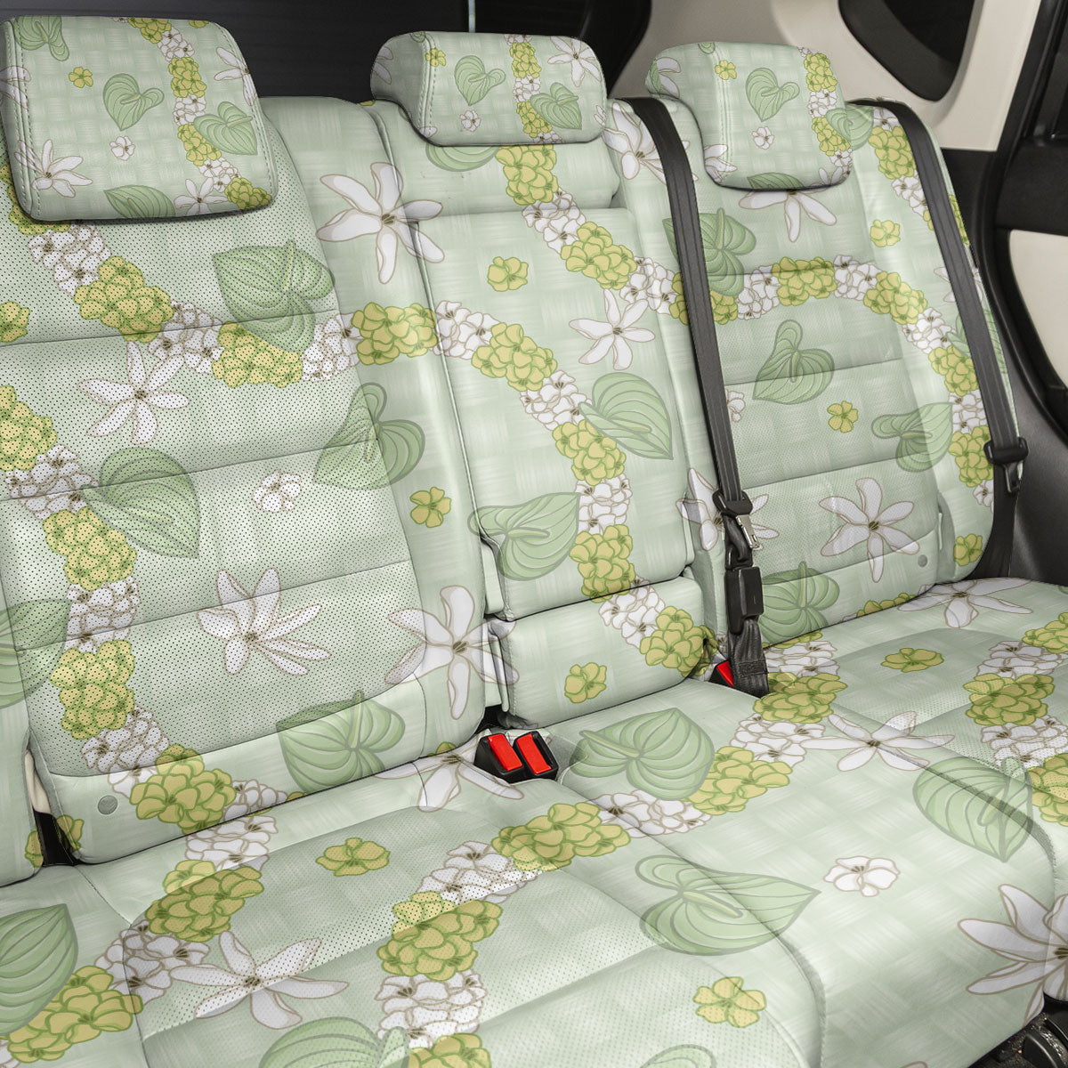 Hawaii Anthurium Tiare Pikake Lei Back Car Seat Cover Sage Green Lauhala Art Pattern