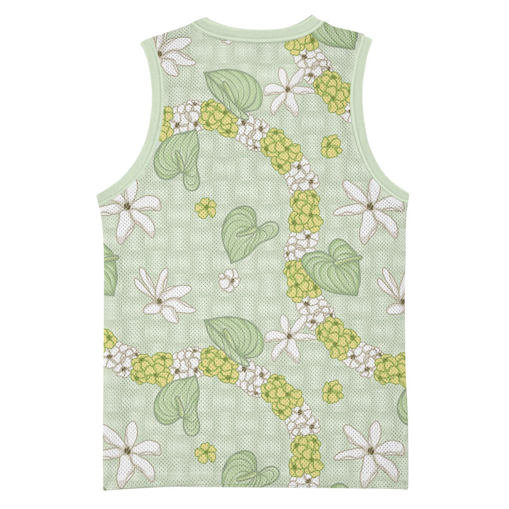 Hawaii Anthurium Tiare Pikake Lei Basketball Jersey Sage Green Lauhala Art Pattern