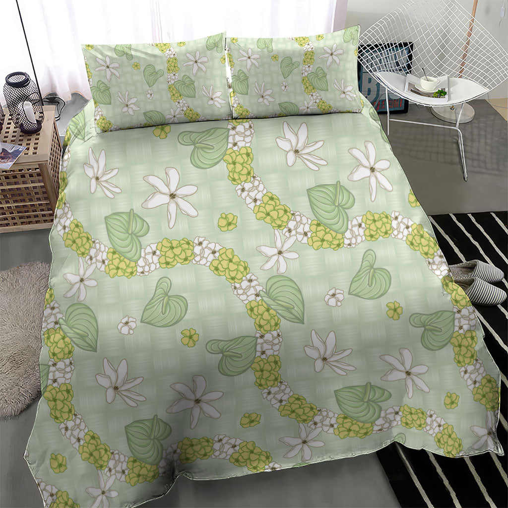 Hawaii Anthurium Tiare Pikake Lei Bedding Set Sage Green Lauhala Art Pattern
