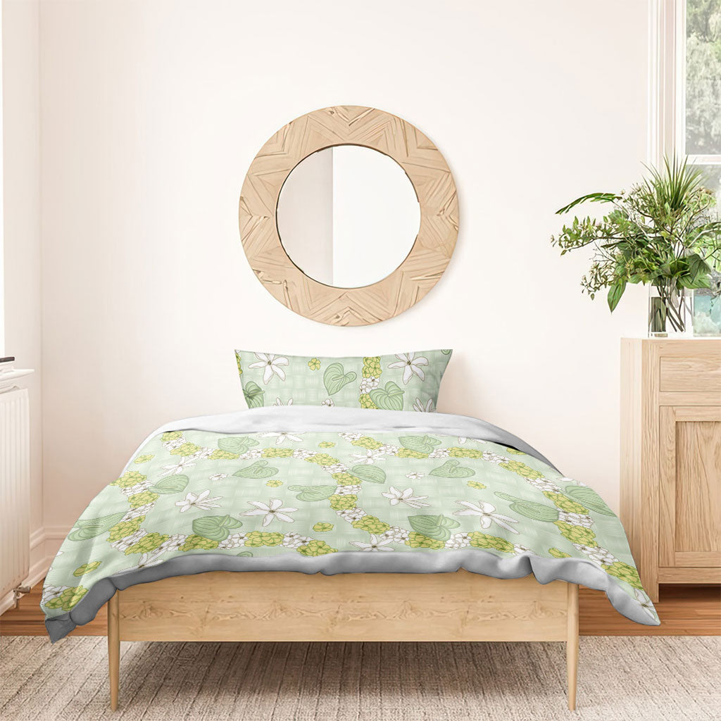 Hawaii Anthurium Tiare Pikake Lei Bedding Set Sage Green Lauhala Art Pattern