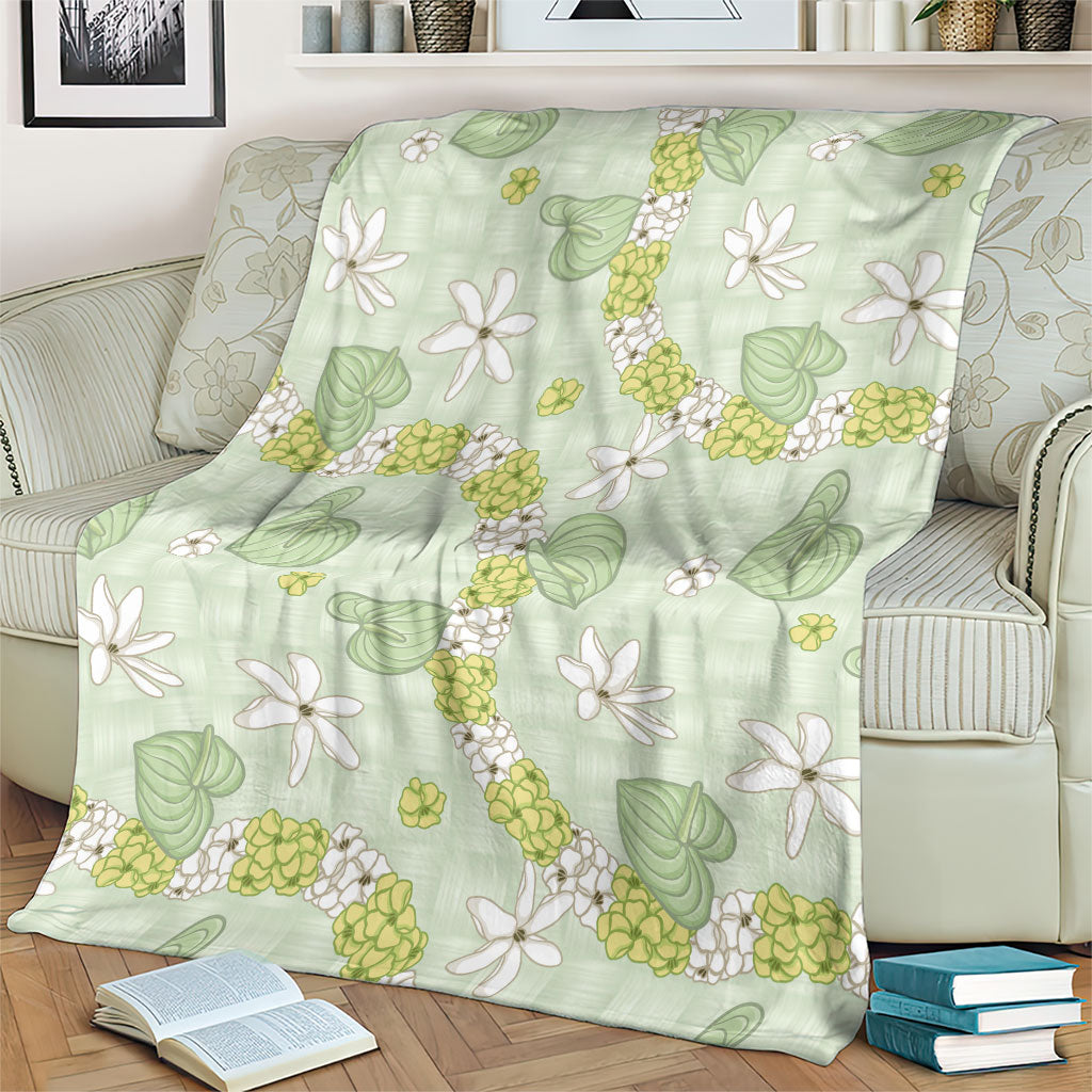 Hawaii Anthurium Tiare Pikake Lei Blanket Sage Green Lauhala Art Pattern
