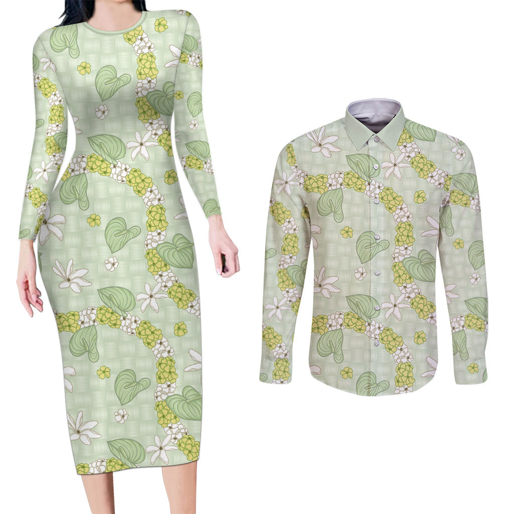 Hawaii Anthurium Tiare Pikake Lei Couples Matching Long Sleeve Bodycon Dress and Long Sleeve Button Shirt Sage Green Lauhala Art Pattern