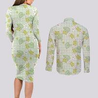 Hawaii Anthurium Tiare Pikake Lei Couples Matching Long Sleeve Bodycon Dress and Long Sleeve Button Shirt Sage Green Lauhala Art Pattern
