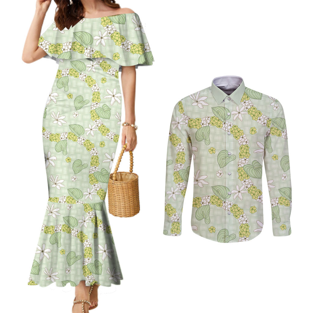 Hawaii Anthurium Tiare Pikake Lei Couples Matching Mermaid Dress and Long Sleeve Button Shirt Sage Green Lauhala Art Pattern