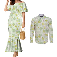 Hawaii Anthurium Tiare Pikake Lei Couples Matching Mermaid Dress and Long Sleeve Button Shirt Sage Green Lauhala Art Pattern