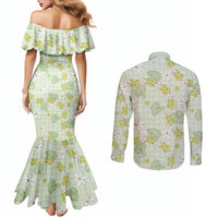 Hawaii Anthurium Tiare Pikake Lei Couples Matching Mermaid Dress and Long Sleeve Button Shirt Sage Green Lauhala Art Pattern