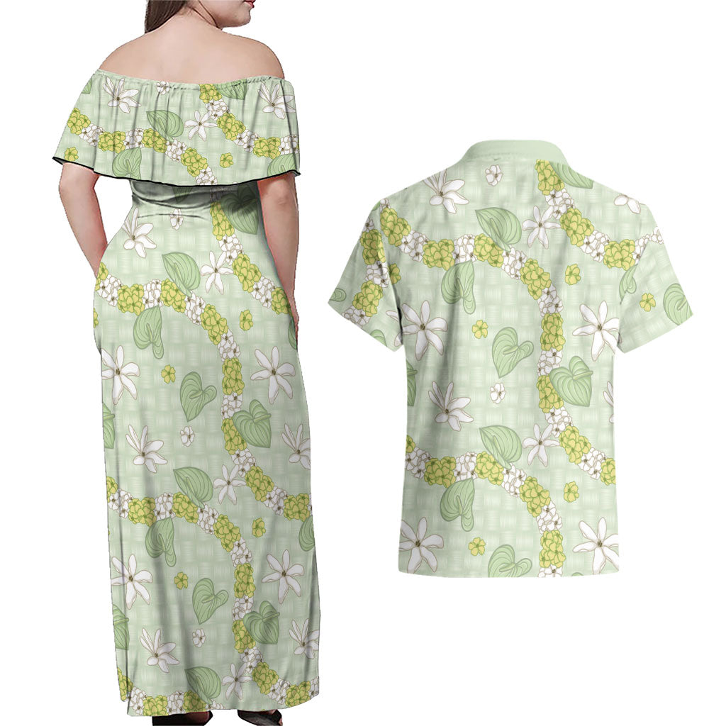 Hawaii Anthurium Tiare Pikake Lei Couples Matching Off Shoulder Maxi Dress and Hawaiian Shirt Sage Green Lauhala Art Pattern