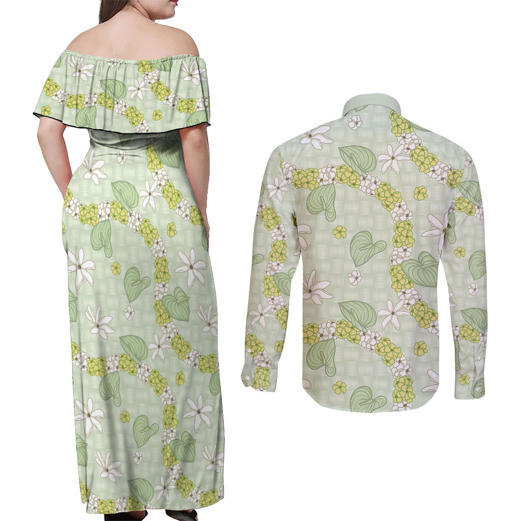 Hawaii Anthurium Tiare Pikake Lei Couples Matching Off Shoulder Maxi Dress and Long Sleeve Button Shirt Sage Green Lauhala Art Pattern