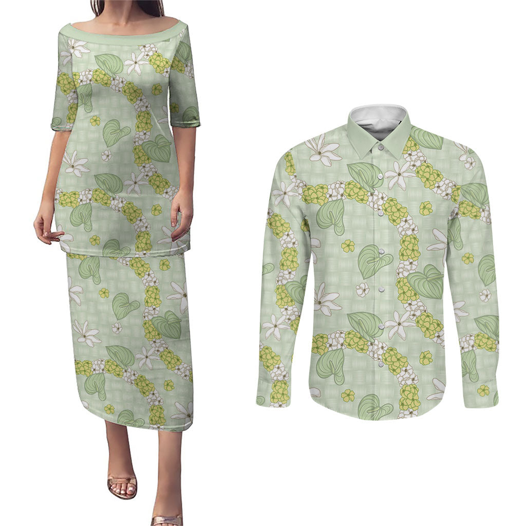 Hawaii Anthurium Tiare Pikake Lei Couples Matching Puletasi and Long Sleeve Button Shirt Sage Green Lauhala Art Pattern