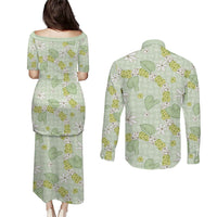 Hawaii Anthurium Tiare Pikake Lei Couples Matching Puletasi and Long Sleeve Button Shirt Sage Green Lauhala Art Pattern