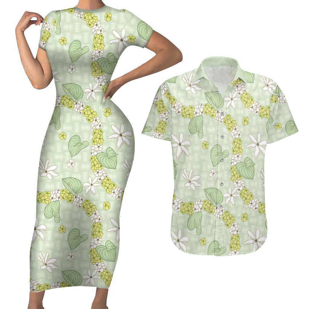 Hawaii Anthurium Tiare Pikake Lei Couples Matching Short Sleeve Bodycon Dress and Hawaiian Shirt Sage Green Lauhala Art Pattern LT01 Green - Polynesian Pride