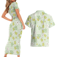 Hawaii Anthurium Tiare Pikake Lei Couples Matching Short Sleeve Bodycon Dress and Hawaiian Shirt Sage Green Lauhala Art Pattern LT01 - Polynesian Pride