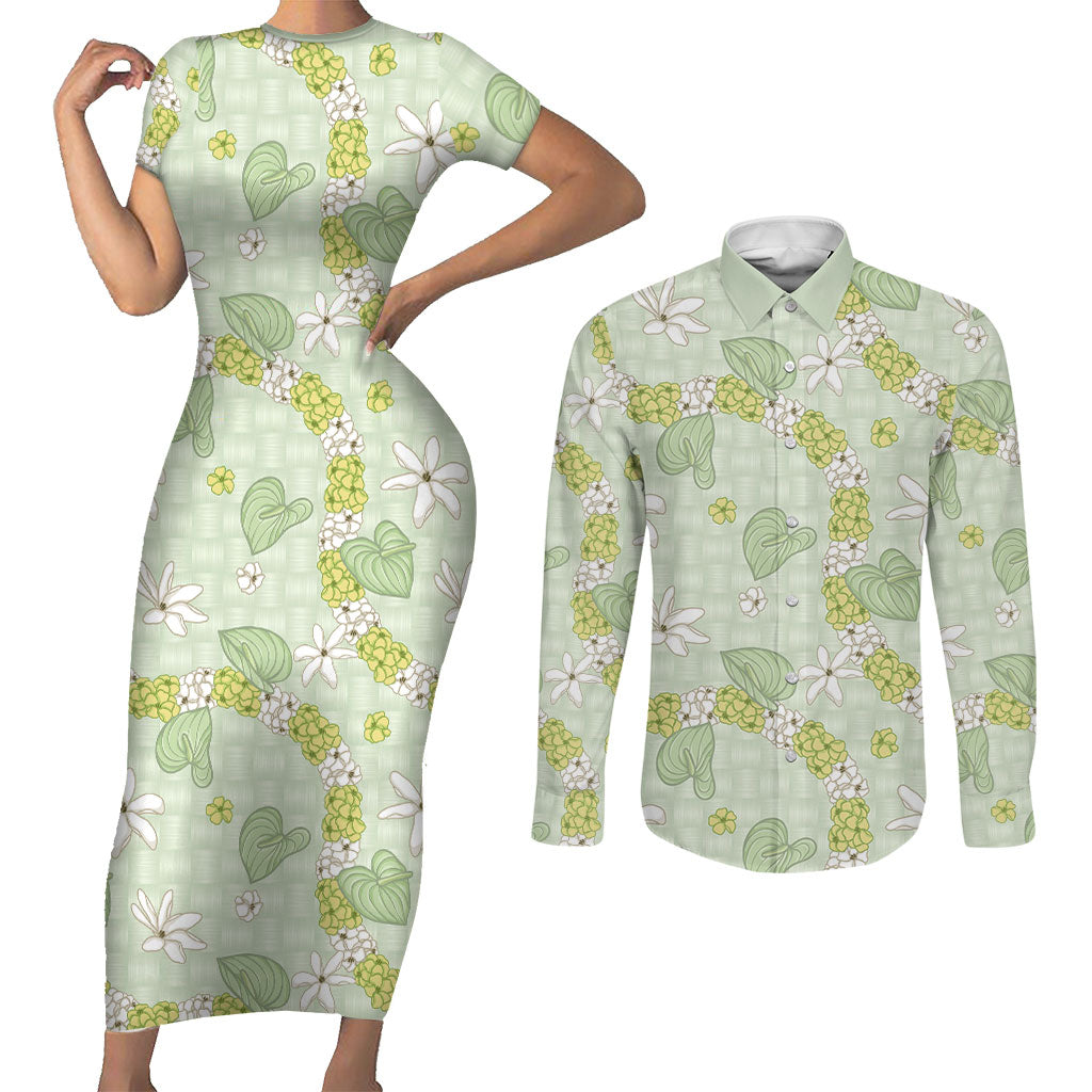 Hawaii Anthurium Tiare Pikake Lei Couples Matching Short Sleeve Bodycon Dress and Long Sleeve Button Shirt Sage Green Lauhala Art Pattern