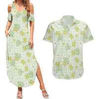Hawaii Anthurium Tiare Pikake Lei Couples Matching Summer Maxi Dress and Hawaiian Shirt Sage Green Lauhala Art Pattern