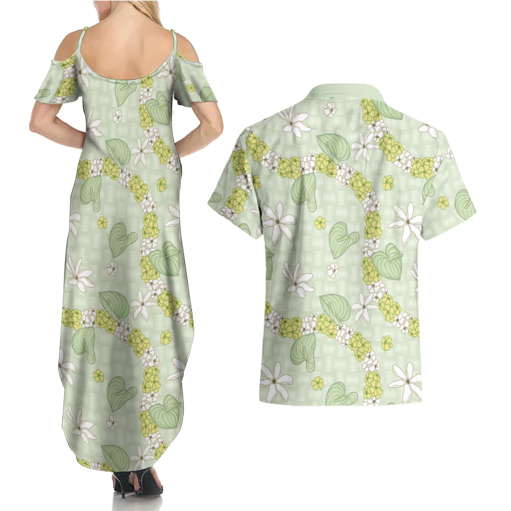 Hawaii Anthurium Tiare Pikake Lei Couples Matching Summer Maxi Dress and Hawaiian Shirt Sage Green Lauhala Art Pattern