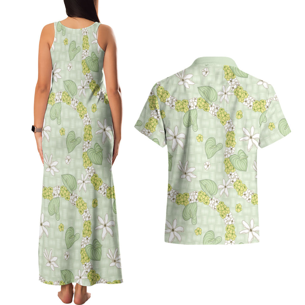 Hawaii Anthurium Tiare Pikake Lei Couples Matching Tank Maxi Dress and Hawaiian Shirt Sage Green Lauhala Art Pattern