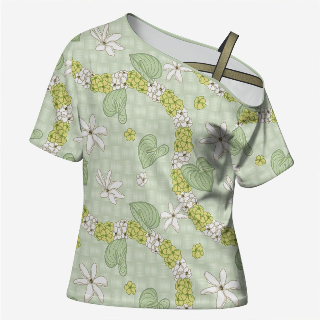 Hawaii Anthurium Tiare Pikake Lei Cross Shoulder Shirt Sage Green Lauhala Art Pattern