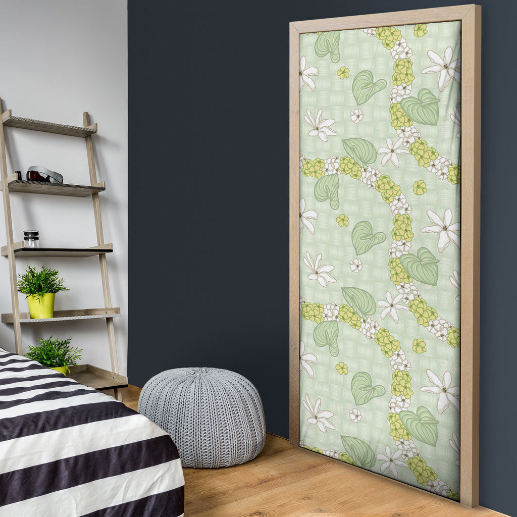 Hawaii Anthurium Tiare Pikake Lei Door Cover Sage Green Lauhala Art Pattern