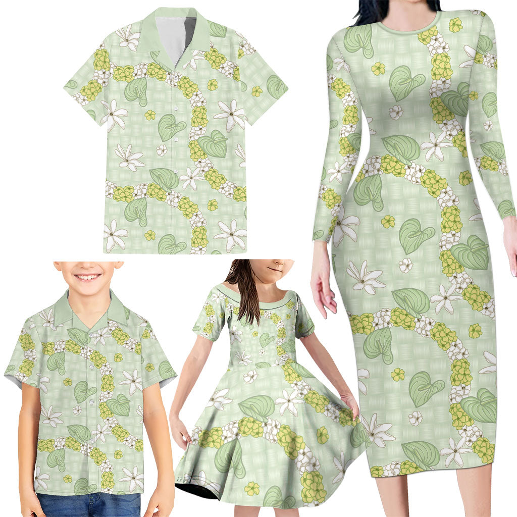 Hawaii Anthurium Tiare Pikake Lei Family Matching Long Sleeve Bodycon Dress and Hawaiian Shirt Sage Green Lauhala Art Pattern LT01 - Polynesian Pride