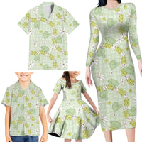 Hawaii Anthurium Tiare Pikake Lei Family Matching Long Sleeve Bodycon Dress and Hawaiian Shirt Sage Green Lauhala Art Pattern LT01 - Polynesian Pride