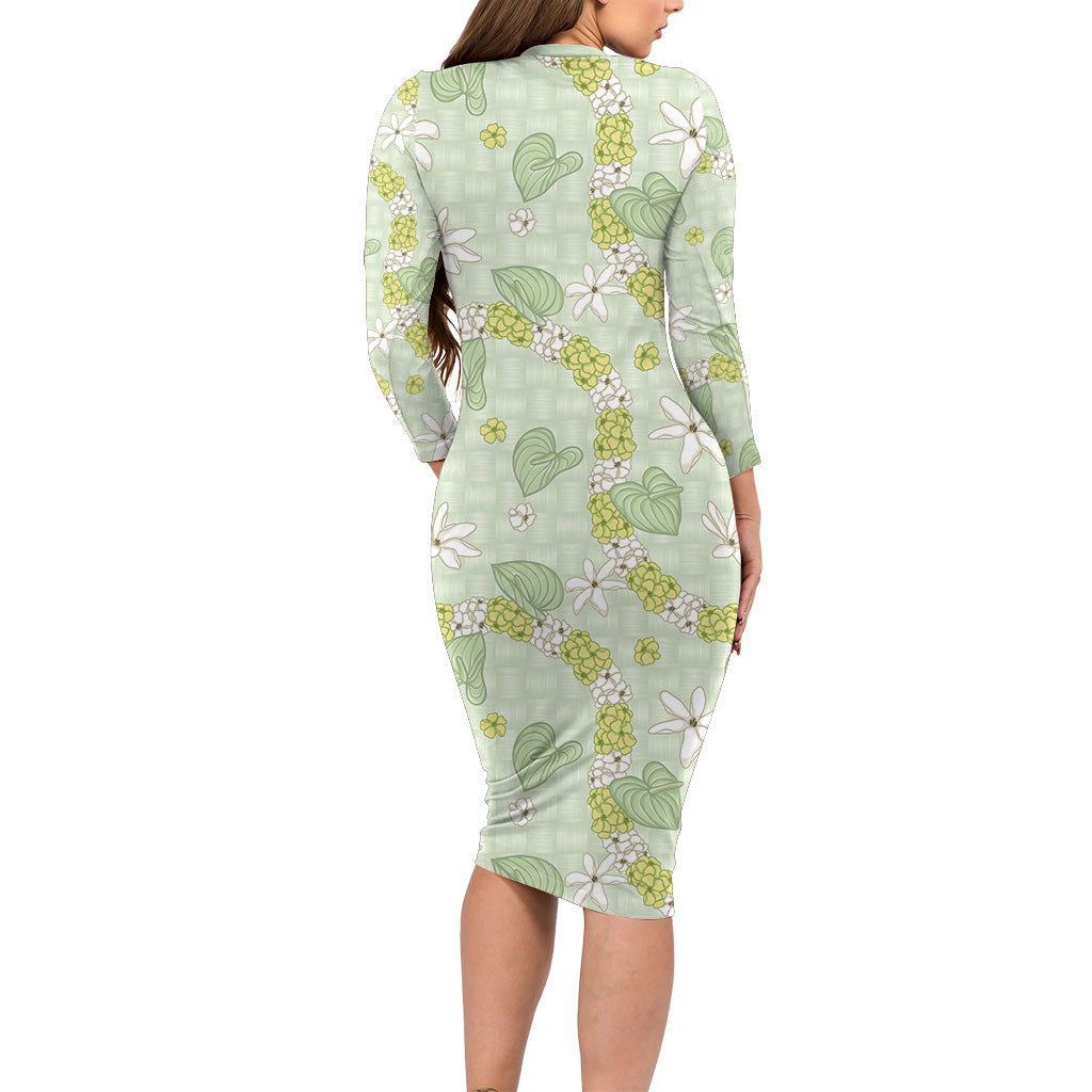 Hawaii Anthurium Tiare Pikake Lei Family Matching Long Sleeve Bodycon Dress and Hawaiian Shirt Sage Green Lauhala Art Pattern LT01 - Polynesian Pride