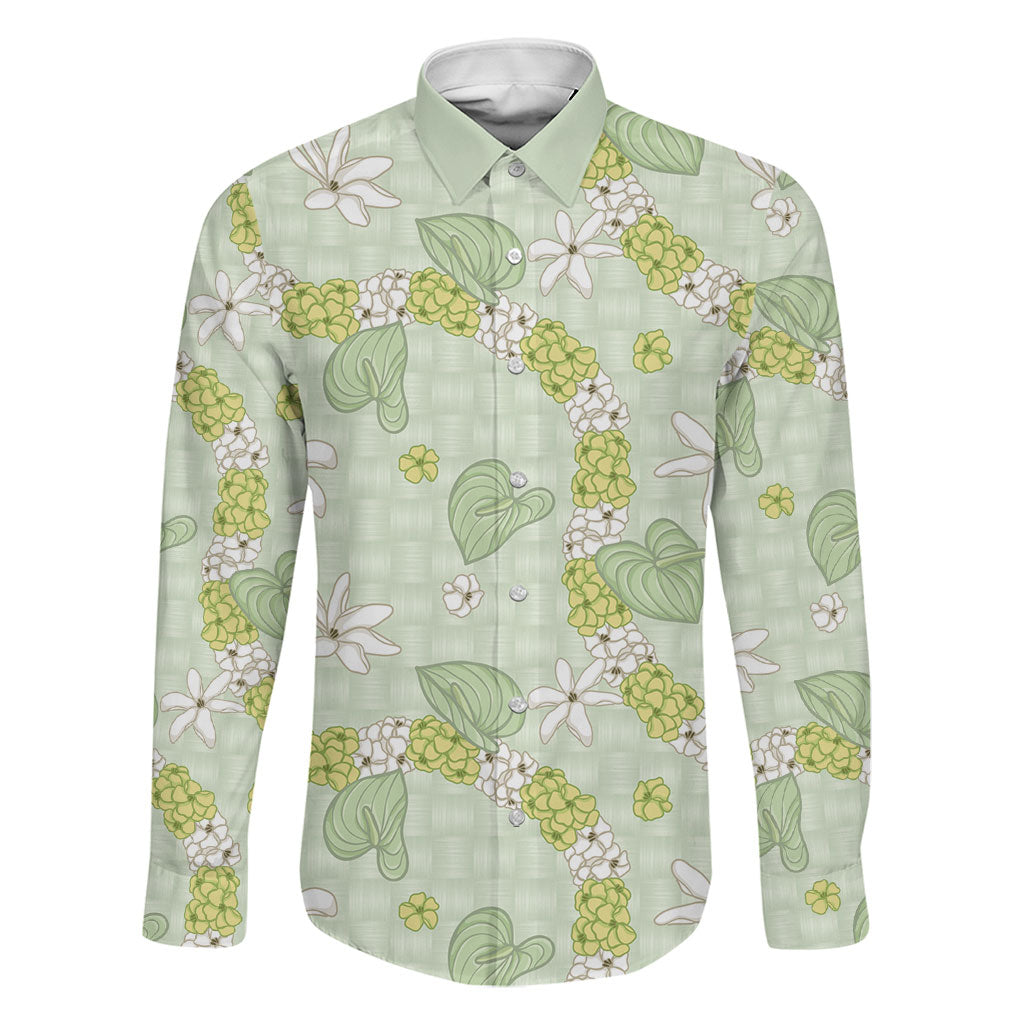 Hawaii Anthurium Tiare Pikake Lei Family Matching Mermaid Dress and Hawaiian Shirt Sage Green Lauhala Art Pattern LT01 Dad's Shirt - Long Sleeve Green - Polynesian Pride