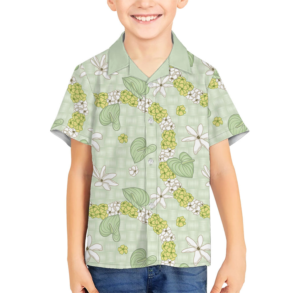 Hawaii Anthurium Tiare Pikake Lei Family Matching Mermaid Dress and Hawaiian Shirt Sage Green Lauhala Art Pattern LT01 Son's Shirt Green - Polynesian Pride