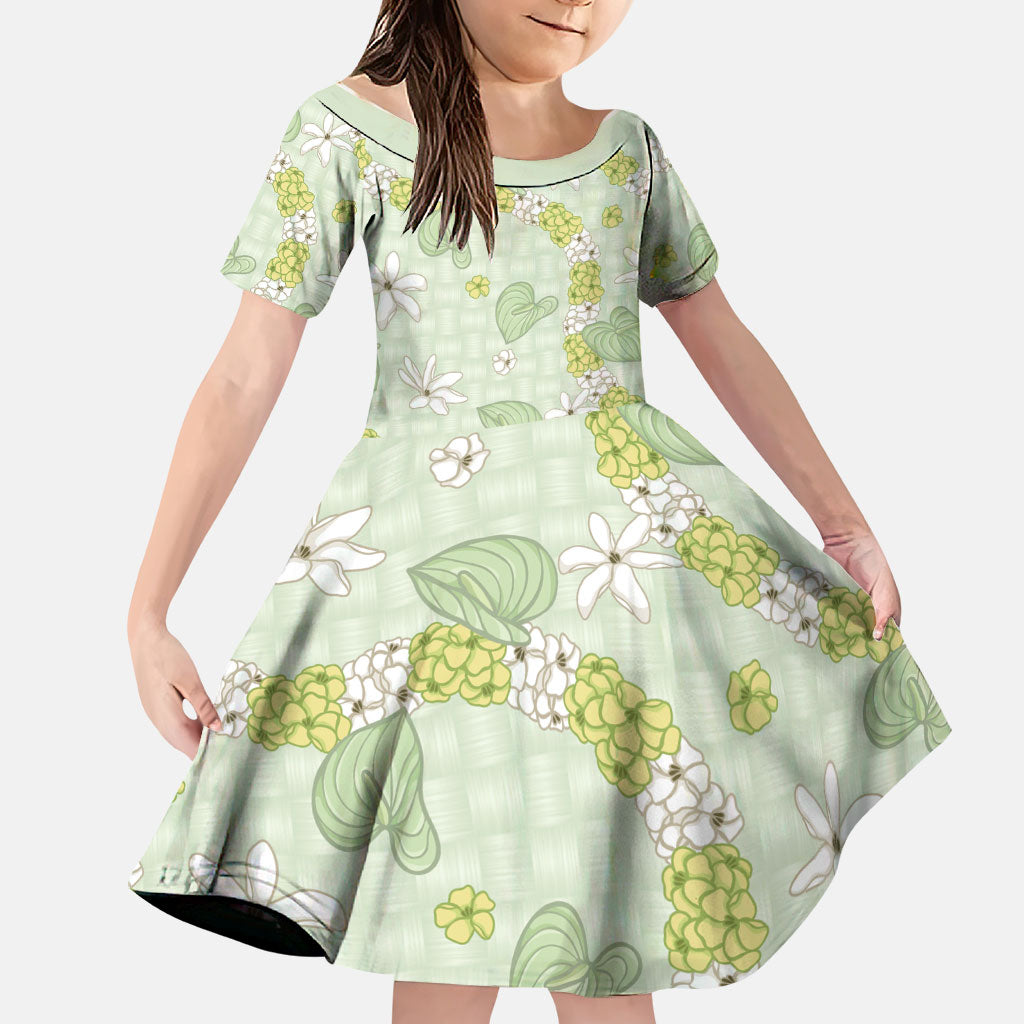 Hawaii Anthurium Tiare Pikake Lei Family Matching Off The Shoulder Long Sleeve Dress and Hawaiian Shirt Sage Green Lauhala Art Pattern LT01 Daughter's Dress Green - Polynesian Pride